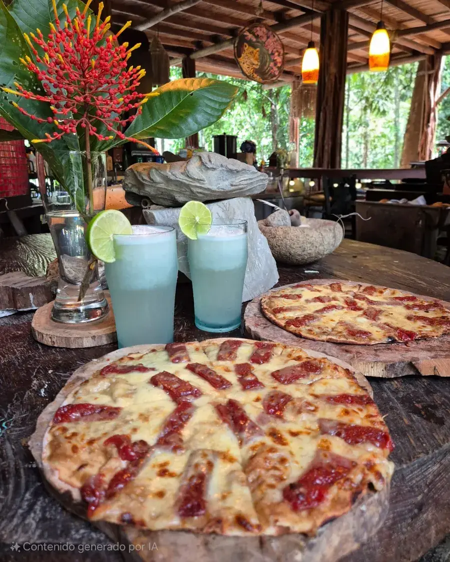 Pizzas del horno de piedra y bebidas en el restaurante de EntreAguas